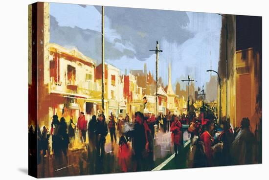 Beautiful Painting of People in a City Park,Illustration-Tithi Luadthong-Stretched Canvas