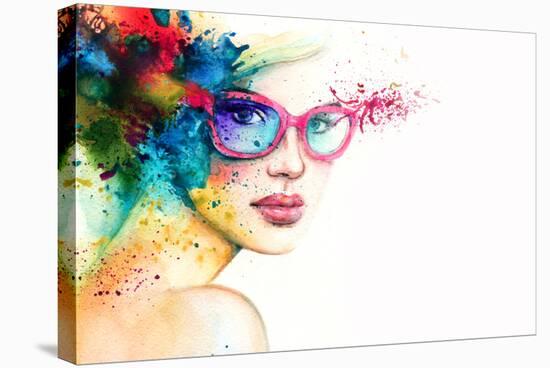 Beautiful Woman with Sunglasses. Abstract Fashion Watercolor Illustration-Anna Ismagilova-Stretched Canvas