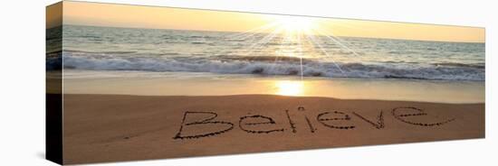 Believe Written In The Sand At The Beach-Hannamariah-Stretched Canvas