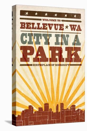 Bellevue, Washington - Skyline and Sunburst Screenprint Style-Lantern Press-Stretched Canvas