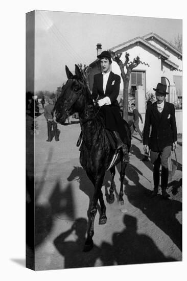 Bernadette Lafont as a young woman (16) on horse in Nimes, France, 1954 (b/w photo)-null-Stretched Canvas