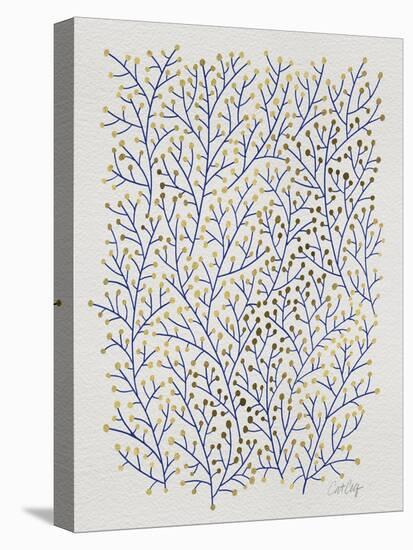 Berry Branches in Gold and Navy-Cat Coquillette-Stretched Canvas