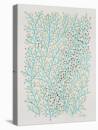 Berry Branches in Turquoise and Gold-Cat Coquillette-Stretched Canvas