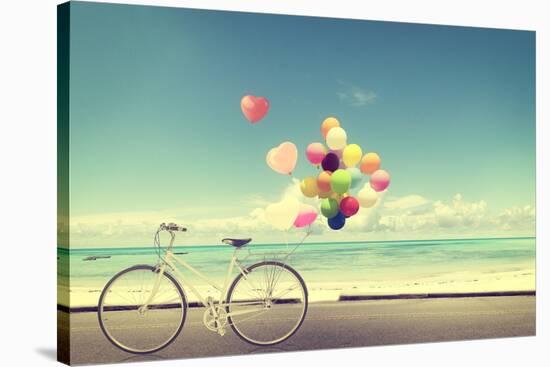 Bicycle Vintage with Heart Balloon on Beach Blue Sky Concept of Love in Summer and Wedding-jakkapan-Premier Image Canvas