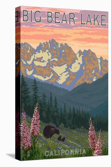 Big Bear Lake, California - Bears and Spring Flowers-Lantern Press-Stretched Canvas