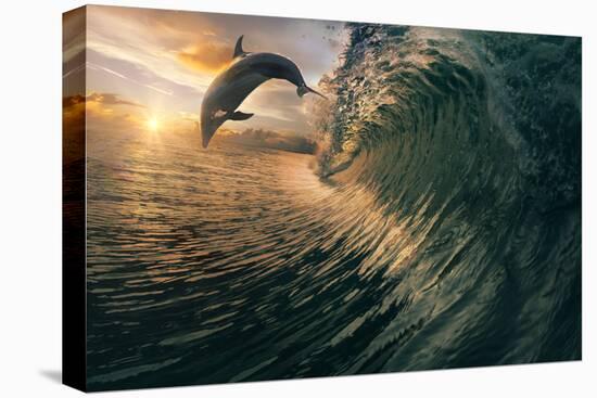 Big Ocean Breaking Wave and Sunset Dolphin Leaping.-Willyam Bradberry-Premier Image Canvas