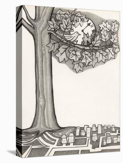 Black and White Drawing of Bird Looking at Clock on Tree Branch-Marie Bertrand-Premier Image Canvas