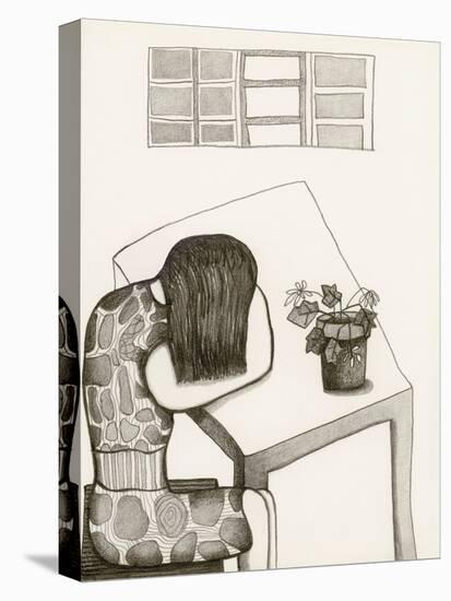 Black and White Drawing of Woman Sitting at Table, Head in Her Arms-Marie Bertrand-Premier Image Canvas