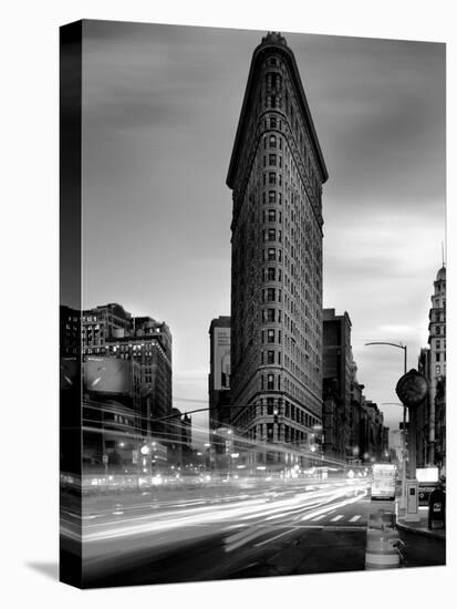 Black and white Flatiron Building in Manhattan New York and light trails at sunset purple clouds-David Chang-Premier Image Canvas