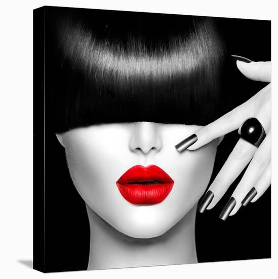 Black and White High Fashion Model Girl Portrait with Trendy Hair Style, Make Up and Manicure-Subbotina Anna-Premier Image Canvas