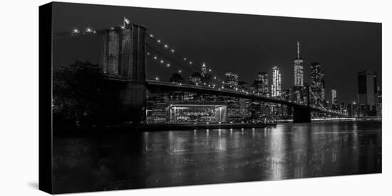 Black and white Manhattan skyline from Brooklyn Bridge park with reflection in the East River-David Chang-Premier Image Canvas
