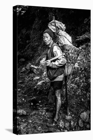 Black and white picture of a Sherpa carrying meat up to Everest Base Camp in Nepal-David Chang-Premier Image Canvas