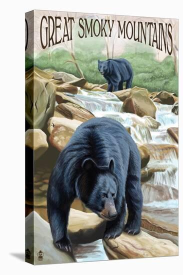 Black Bears Fishing - Great Smoky Mountains-Lantern Press-Stretched Canvas