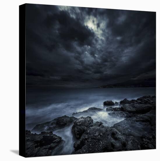 Black Rocks Protruding Through Rough Seas with Stormy Clouds, Crete, Greece-null-Premier Image Canvas