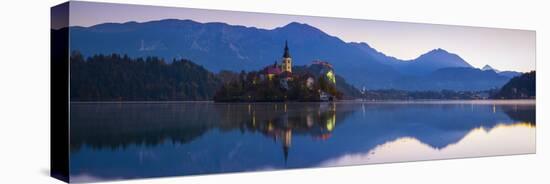 Bled Island with the Church of the Assumption and Bled Castle Illuminated at Dusk, Lake Bled-Doug Pearson-Premier Image Canvas