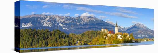 Bled Island with the Church of the Assumption and Bled Castle Illuminated at Dusk, Lake Bled-Doug Pearson-Premier Image Canvas