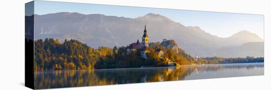Bled Island with the Church of the Assumption and Bled Castle Illuminated at Dusk, Lake Bled-Doug Pearson-Premier Image Canvas