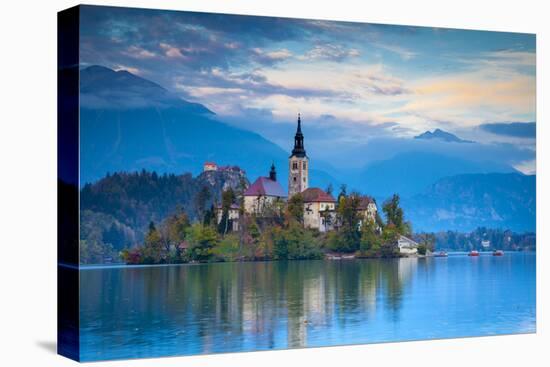 Bled Island with the Church of the Assumption and Bled Castle Illuminated at Dusk, Lake Bled-Doug Pearson-Premier Image Canvas