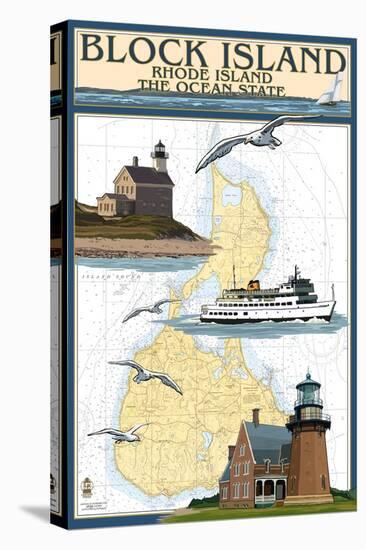 Block Island, Rhode Island - Nautical Chart with Ferry-Lantern Press-Stretched Canvas