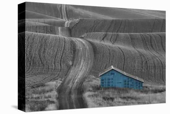 Blue Barn on a Country Road-Don Schwartz-Stretched Canvas