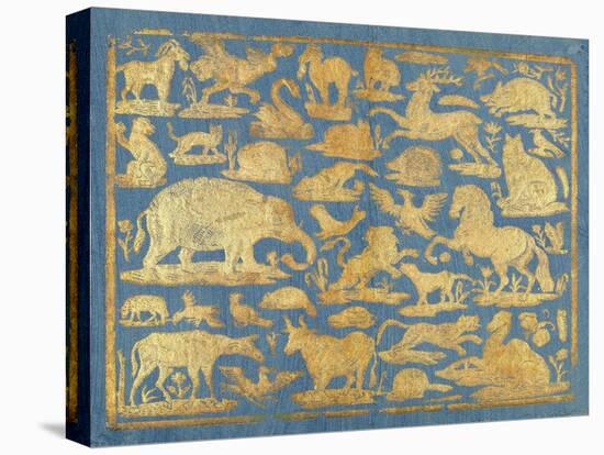 Blue Brocade Paper Decorated with Gold Animals, C. 1750-1800. Leaf Includes Domesticated and Wild M-Everett - Art-Stretched Canvas