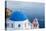 Blue domed white church overlooking boat in Aegean Sea, Santorini, Cyclades-Ed Hasler-Premier Image Canvas