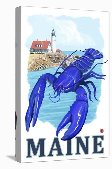 Blue Lobster & Portland Lighthouse - Maine-Lantern Press-Stretched Canvas