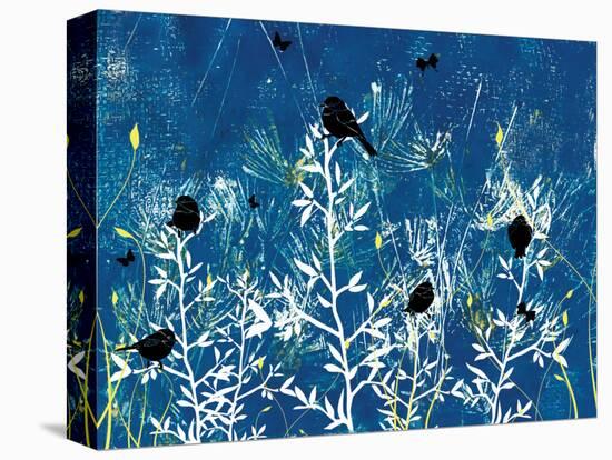 Blue Painted Texture background with White floral and Black Birds and Butterflies-Bee Sturgis-Stretched Canvas