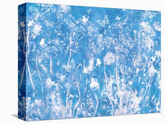 Blue Painted Texture Background with White Floral and butterflies-Bee Sturgis-Stretched Canvas