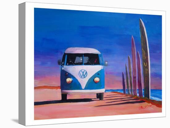 Blue White VW Surf Bus T1 Kombie Bulli At Surf Board Road-M Bleichner-Stretched Canvas