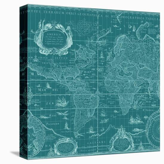 Blueprint World Map, Teal-Willem Blaeu-Stretched Canvas