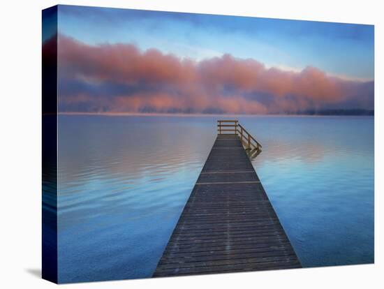 Boat ramp and fog bench, Bavaria, Germany-Frank Krahmer-Stretched Canvas