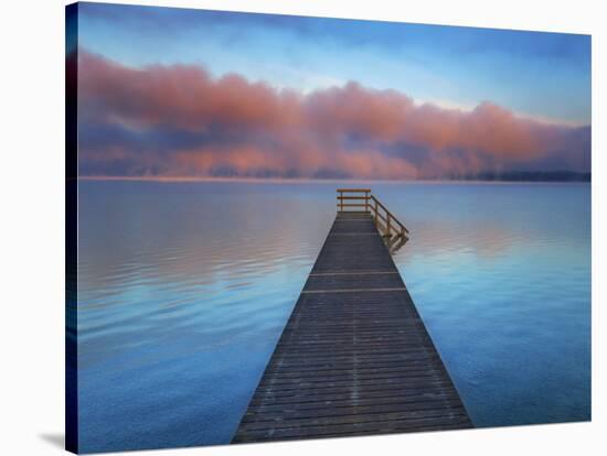 Boat ramp and fog bench, Bavaria, Germany-Frank Krahmer-Stretched Canvas