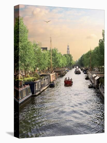 Boats Cruise Along a Canal with the Zuiderkerk Bell-Tower in the Background, Amsterdam, Netherlands-Miva Stock-Premier Image Canvas