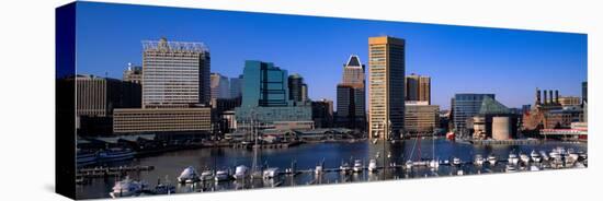 Boats moored at Inner Harbor viewed from Federal Hill with city in the background, Baltimore, Ma...-null-Stretched Canvas