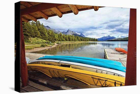 Boats on a Dock, Maligne Lake, Canada-George Oze-Premier Image Canvas