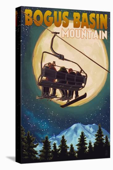 Bogus Basin, Idaho - Ski Lift and Full Moon with Snowboarder-Lantern Press-Stretched Canvas