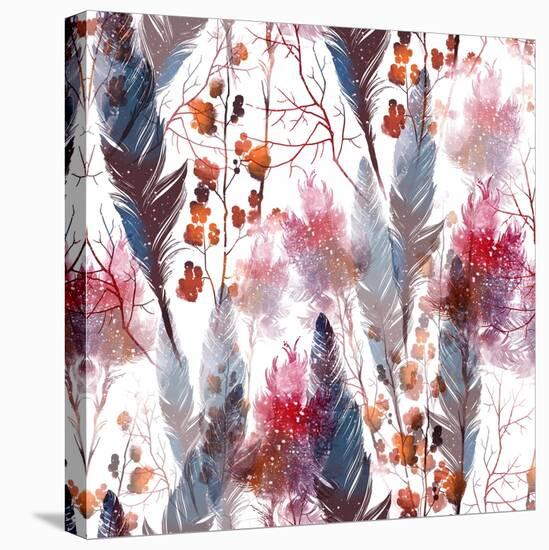 Boho Style Magic: Twigs and Feathers - Seamless Pattern - Digital and Watercolor Mixed Media Fashio-Liia Chevnenko-Stretched Canvas