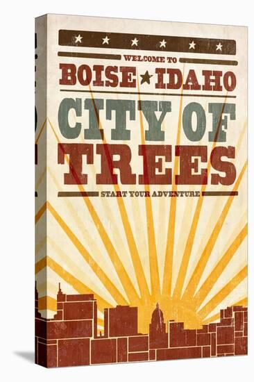 Boise, Idaho - Skyline and Sunburst Screenprint Style-Lantern Press-Stretched Canvas