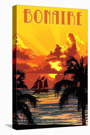 Bonaire, Dutch Caribbean - Sunset and Ship-Lantern Press-Stretched Canvas