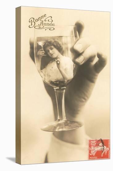 Bonne Annee, Girl in Wine Glass-null-Stretched Canvas