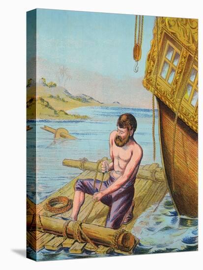 Book Illustration of Robinson Crusoe Tying Together a Raft-null-Premier Image Canvas