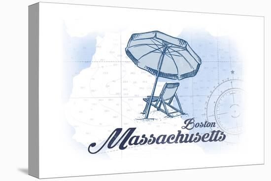 Boston, Massachusetts - Beach Chair and Umbrella - Blue - Coastal Icon-Lantern Press-Stretched Canvas