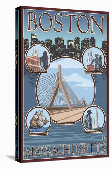 Boston, Massachusetts, Collage Views-Lantern Press-Stretched Canvas