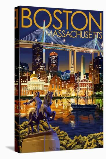 Boston, Massachusetts - Skyline at Night-Lantern Press-Stretched Canvas