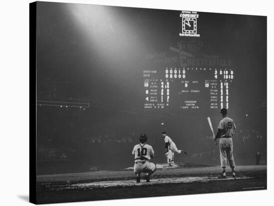 Boston Red Sox Player Ted Williams, While Watching Pitcher Warm-up. Catcher Sherm Lollar-Frank Scherschel-Premier Image Canvas