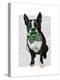 Boston Terrier with Green Moustache and Spotty Green Bow Tie-Fab Funky-Stretched Canvas