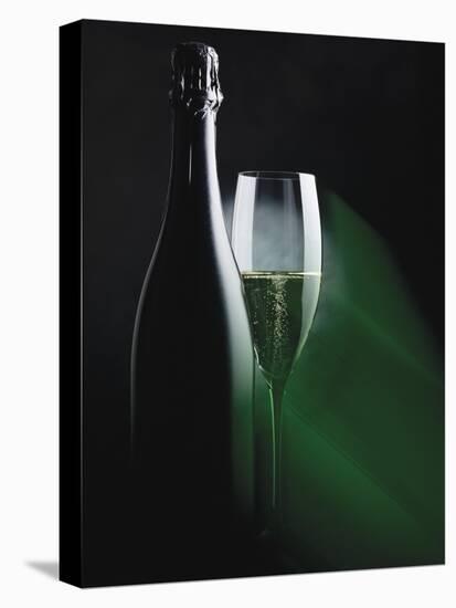 Bottle and Glass of Sparkling Wine in Green Light-null-Premier Image Canvas