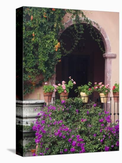 Bougainvillea and Geranium Pots on Wall in Courtyard, San Miguel De Allende, Mexico-Nancy Rotenberg-Premier Image Canvas