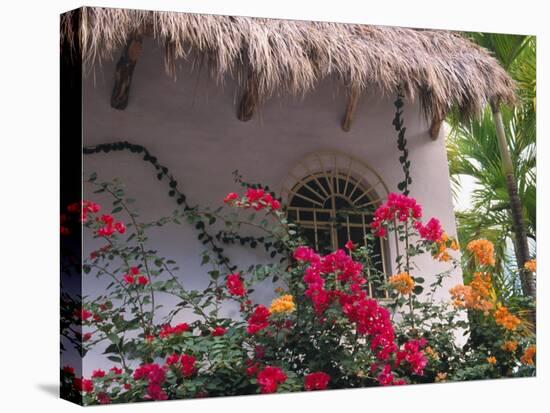 Bougenvilla Blooms Underneath a Thatch Roof, Puerto Vallarta, Mexico-Merrill Images-Premier Image Canvas